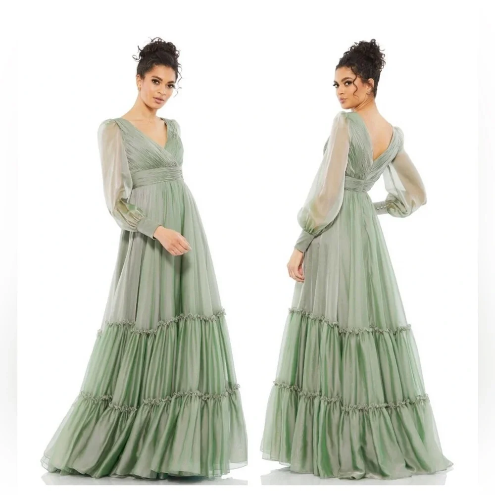 Mac Duggal FAUX WRAP ILLUSION BISHOP SLEEVE TIERED GOWN Sage NWT - Picture 5 of 16